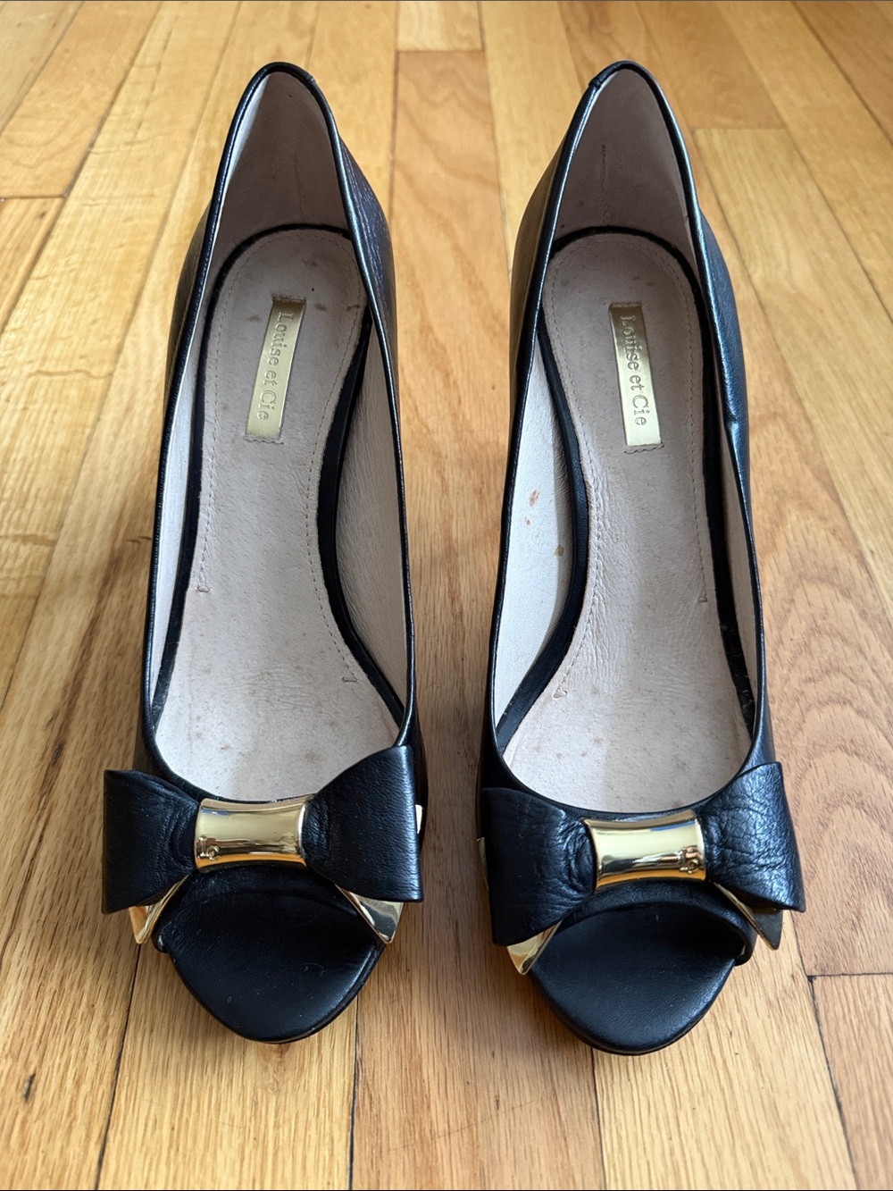 Louise et Cie Black Peep-Toe Bow Pumps with Gold Accent